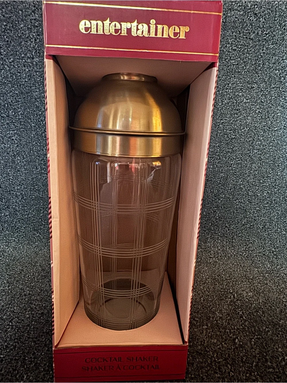 NIB Entertainer Glass Cocktail Shaker Gold MCM Barware Mid Century Modern Retro